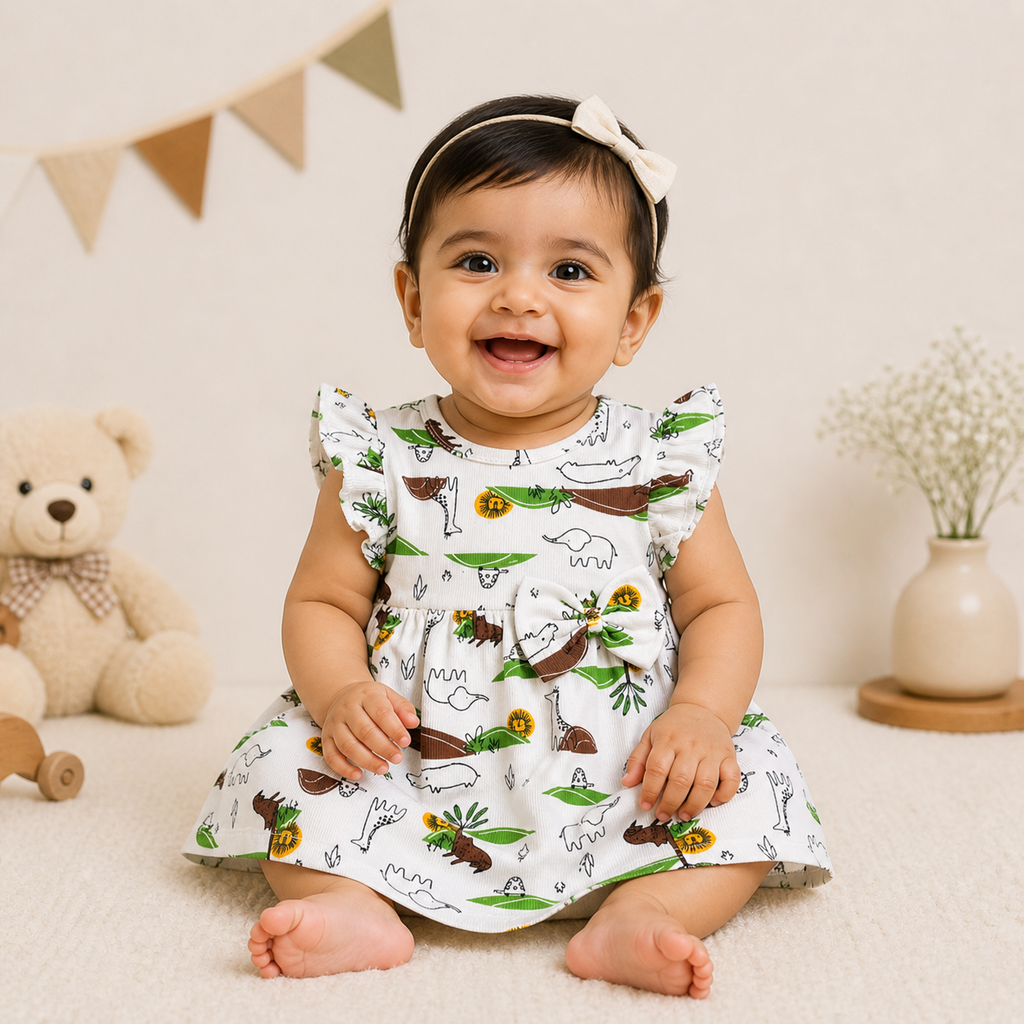 Baby Girls Cotton Dress – Safari Animal Print Dress with Ruffle Sleeves & Bow