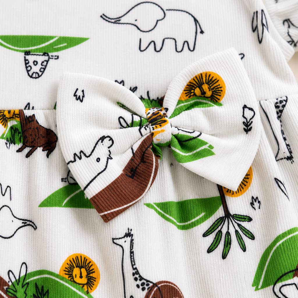 Baby Girls Cotton Dress – Safari Animal Print Dress with Ruffle Sleeves & Bow