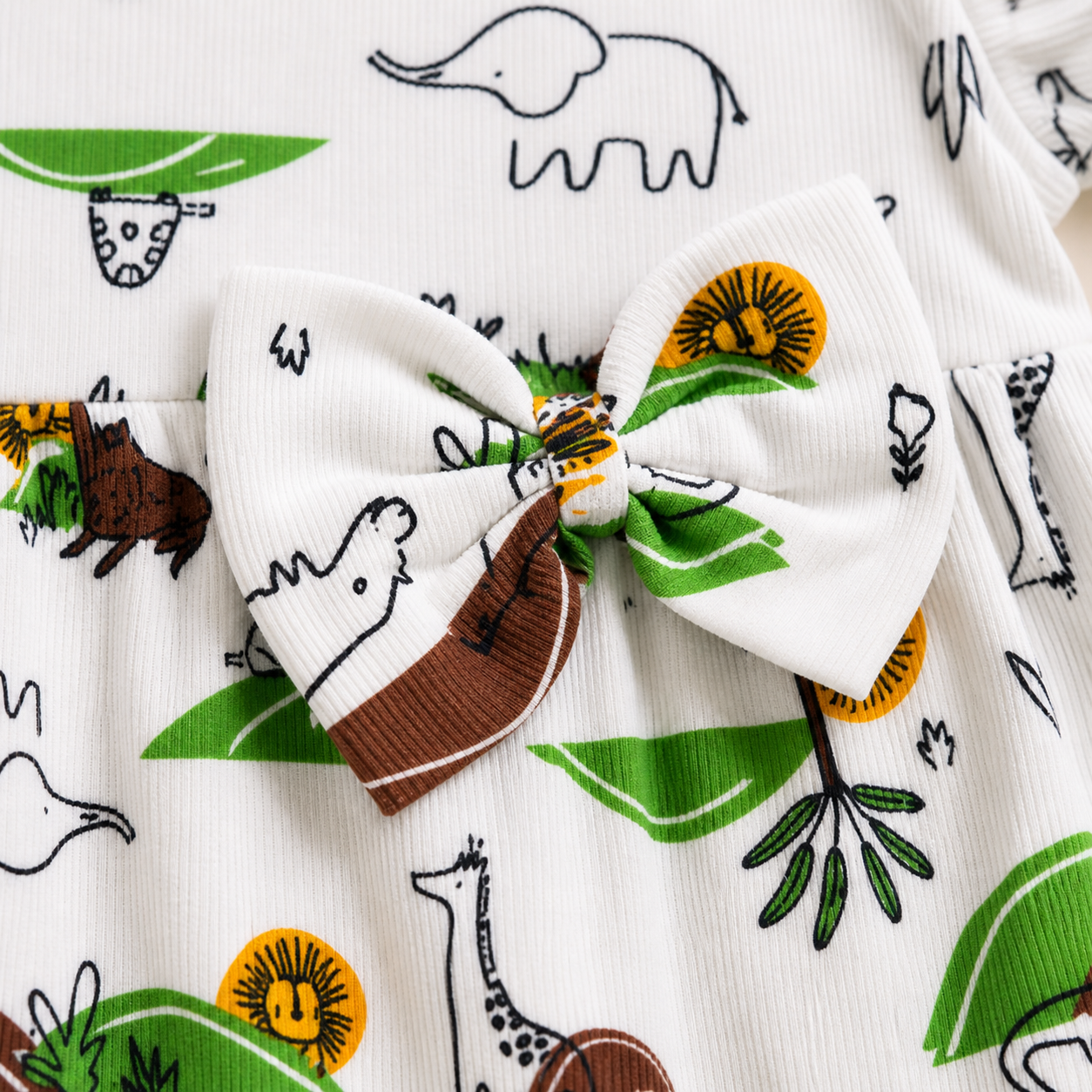 Baby Girls Cotton Dress – Safari Animal Print Dress with Ruffle Sleeves & Bow
