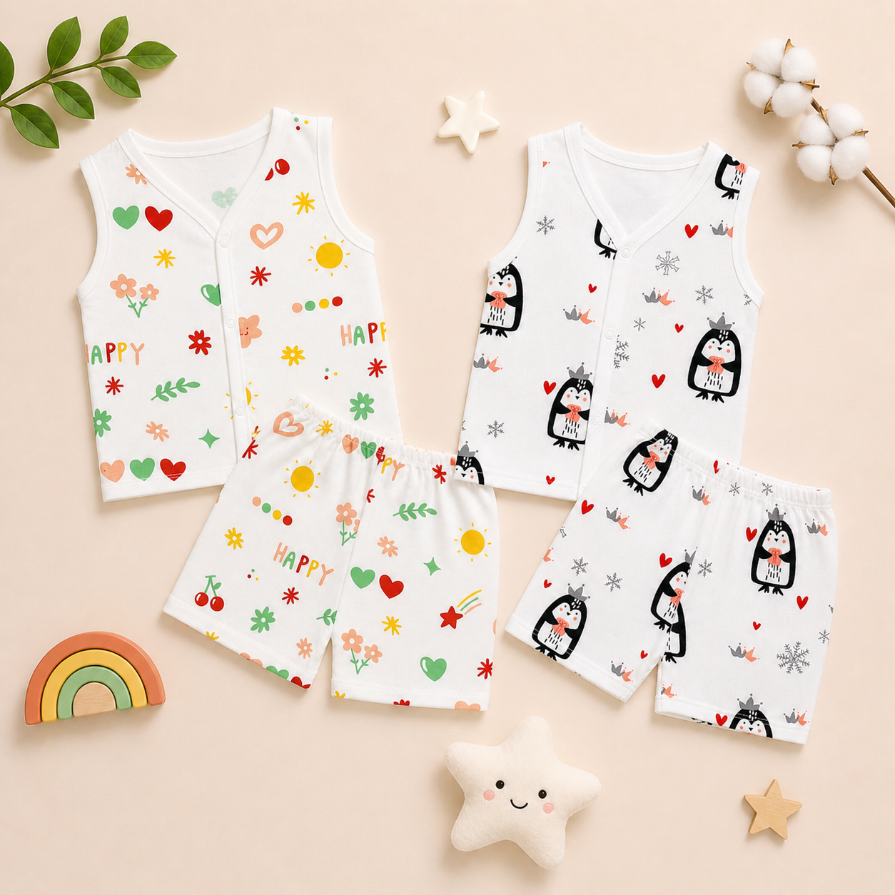 Baby Muslin Co ord Jhabla Set of 2 – Cotton Sleeveless Front Open Jhabla & Shorts Combo