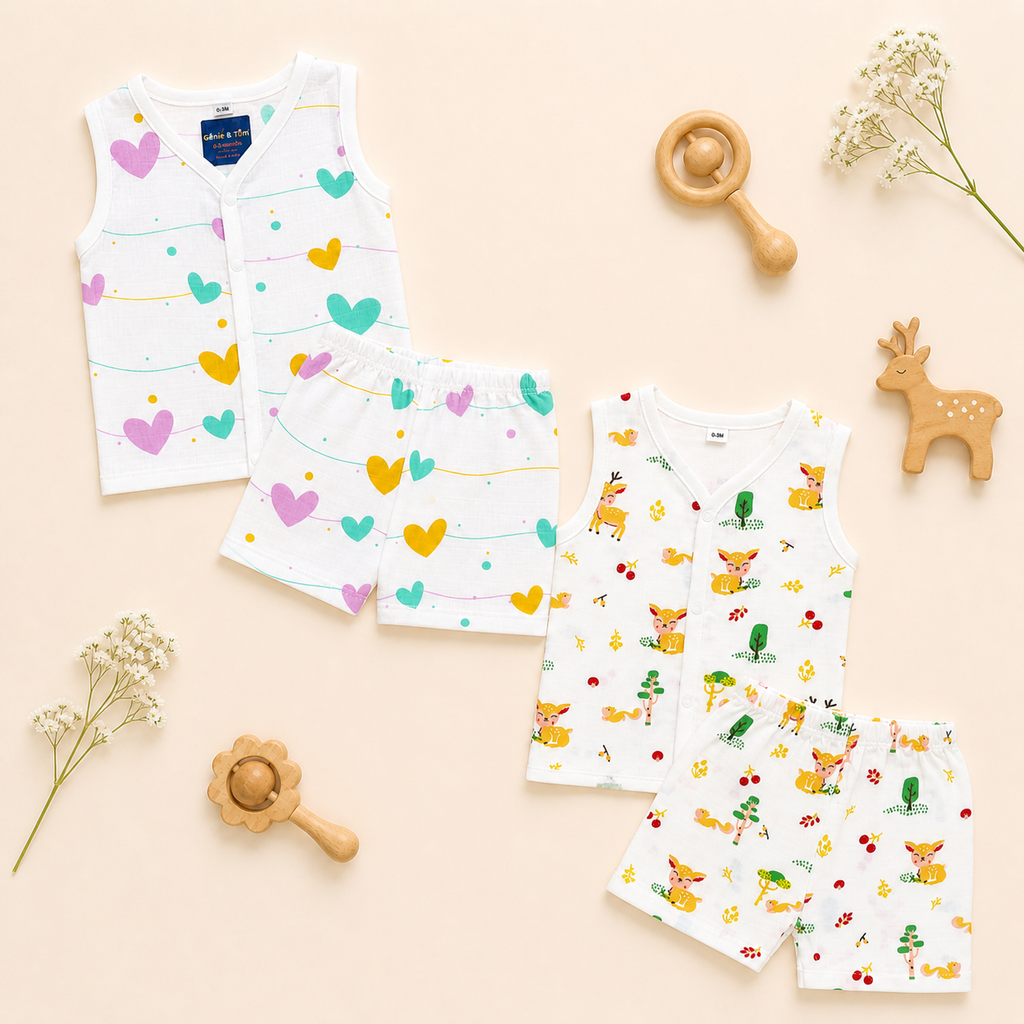 Baby Muslin Co ord Jhabla Set of 2 – Soft Cotton Sleeveless Front Open Jhabla & Shorts Combo