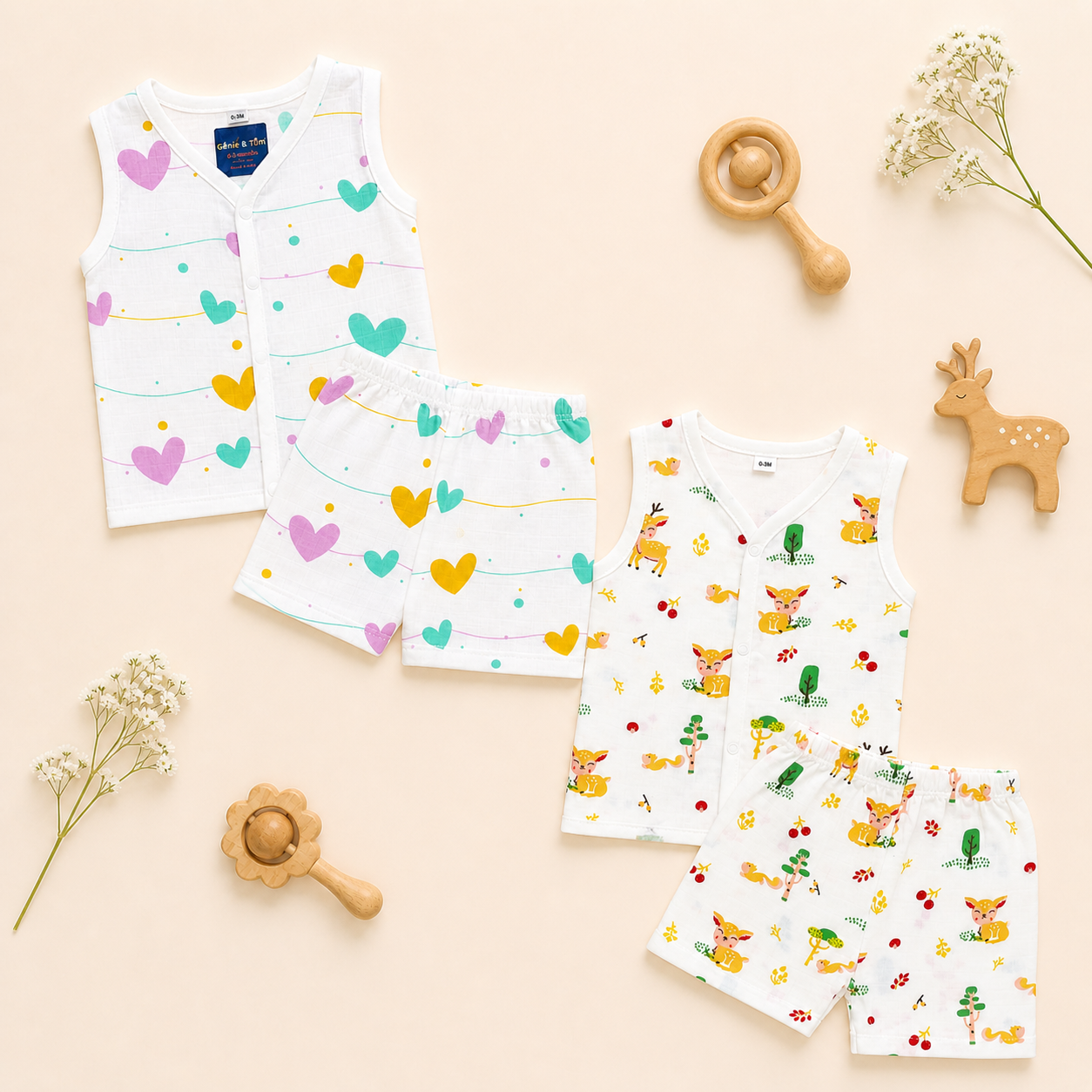 Baby Muslin Co ord Jhabla Set of 2 – Soft Cotton Sleeveless Front Open Jhabla & Shorts Combo
