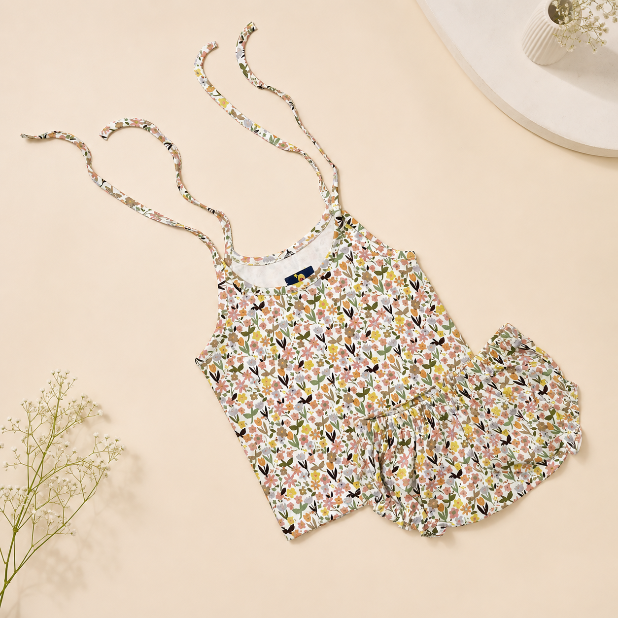 Baby Girls Floral Tie-Up Top & Bloomer Shorts Set – Soft Cotton Summer Co-ord Outfit for Infants & Toddlers