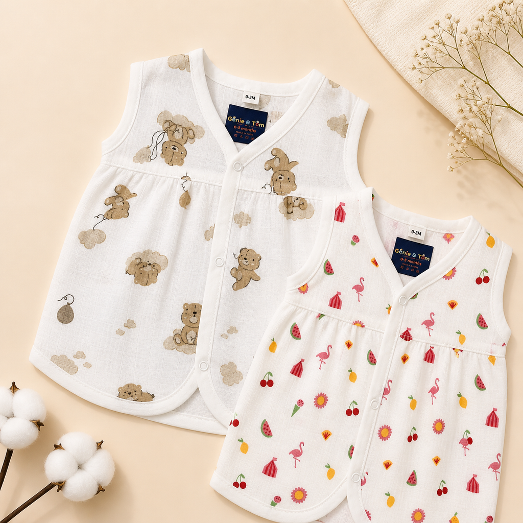 Baby Muslin Frock Set of 2 – Soft Cotton Sleeveless Front Open Dress