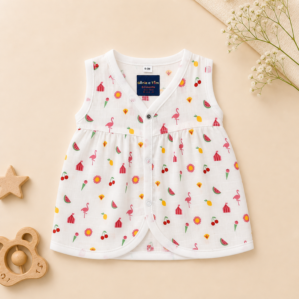Baby Muslin Frock Set of 2 – Soft Cotton Sleeveless Front Open Dress