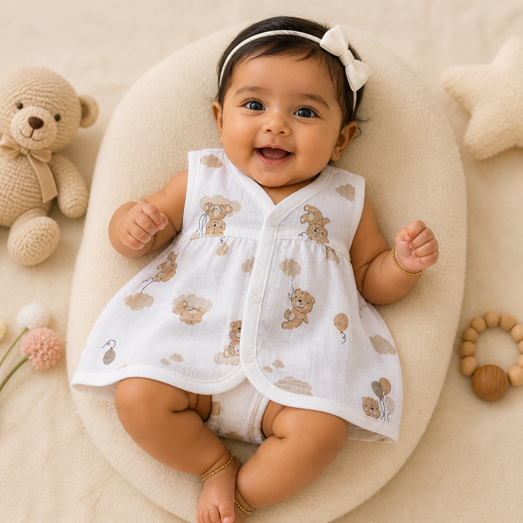 Baby Muslin Frock Set of 2 – Soft Cotton Sleeveless Front Open Dress