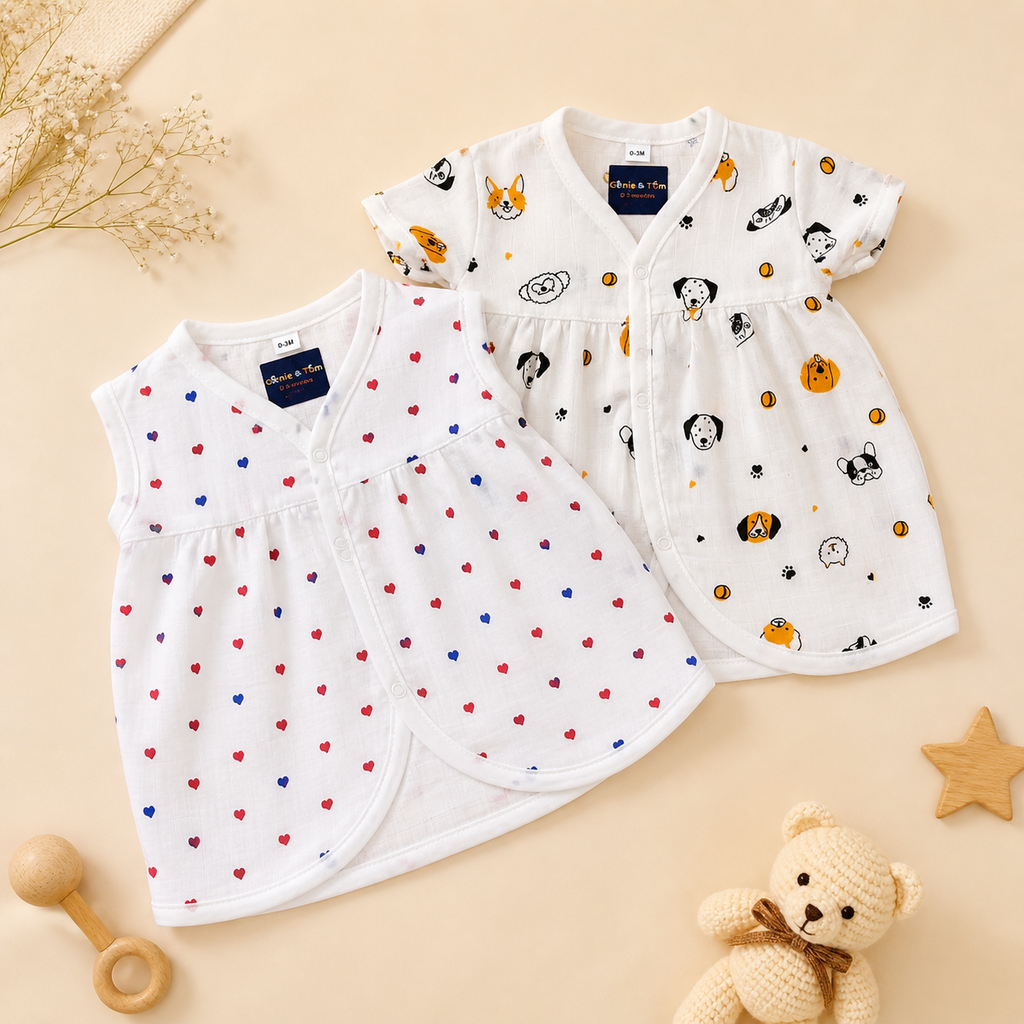 Baby Muslin Frock Set of 2 – Soft Cotton Front Open Dress