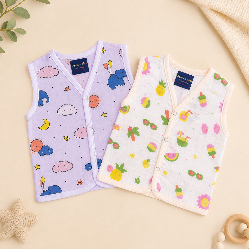 Baby Muslin Jhabla Set of 2 – Soft Cotton Sleeveless Front Open Jabla for Newborn Babies