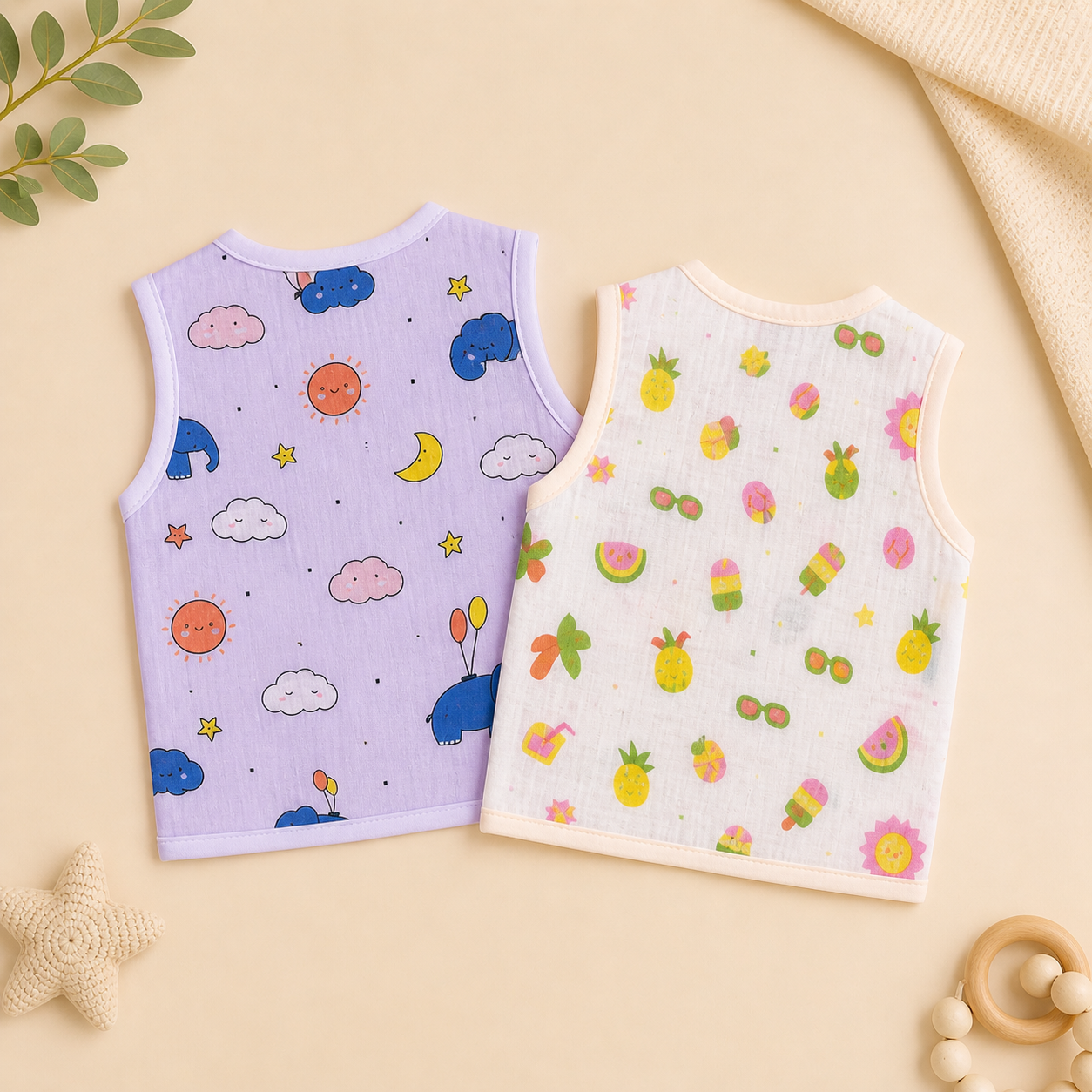 Baby Muslin Jhabla Set of 2 – Soft Cotton Sleeveless Front Open Jabla for Newborn Babies