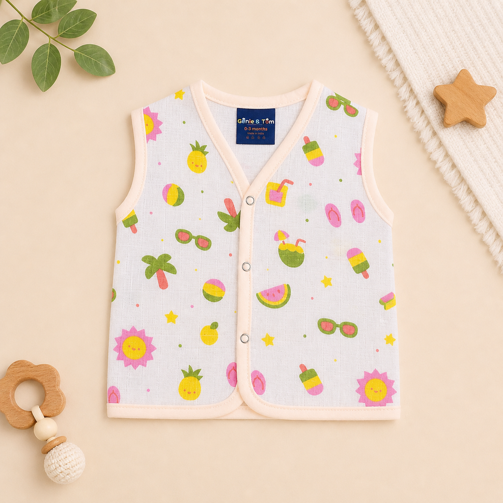 Baby Muslin Jhabla Set of 2 – Soft Cotton Sleeveless Front Open Jabla for Newborn Babies