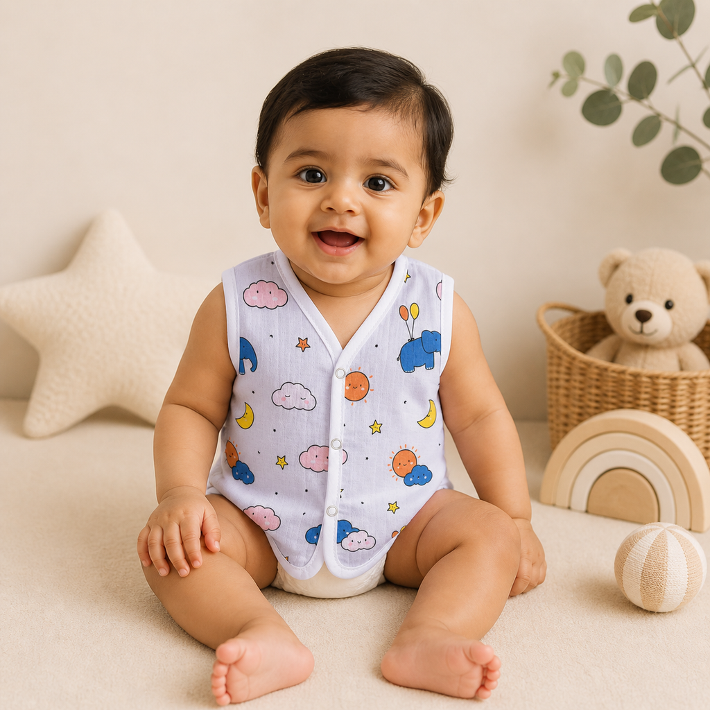Baby Muslin Jhabla Set of 2 – Soft Cotton Sleeveless Front Open Jabla for Newborn Babies