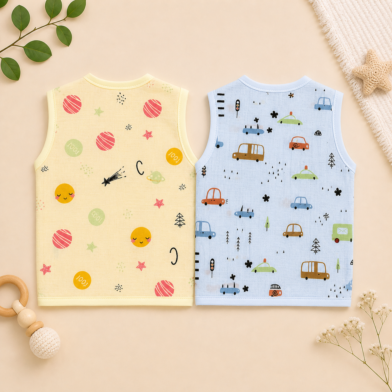 Baby Muslin Jhabla Set of 2 – Soft Cotton Sleeveless Front Open Jabla for Newborn Babies
