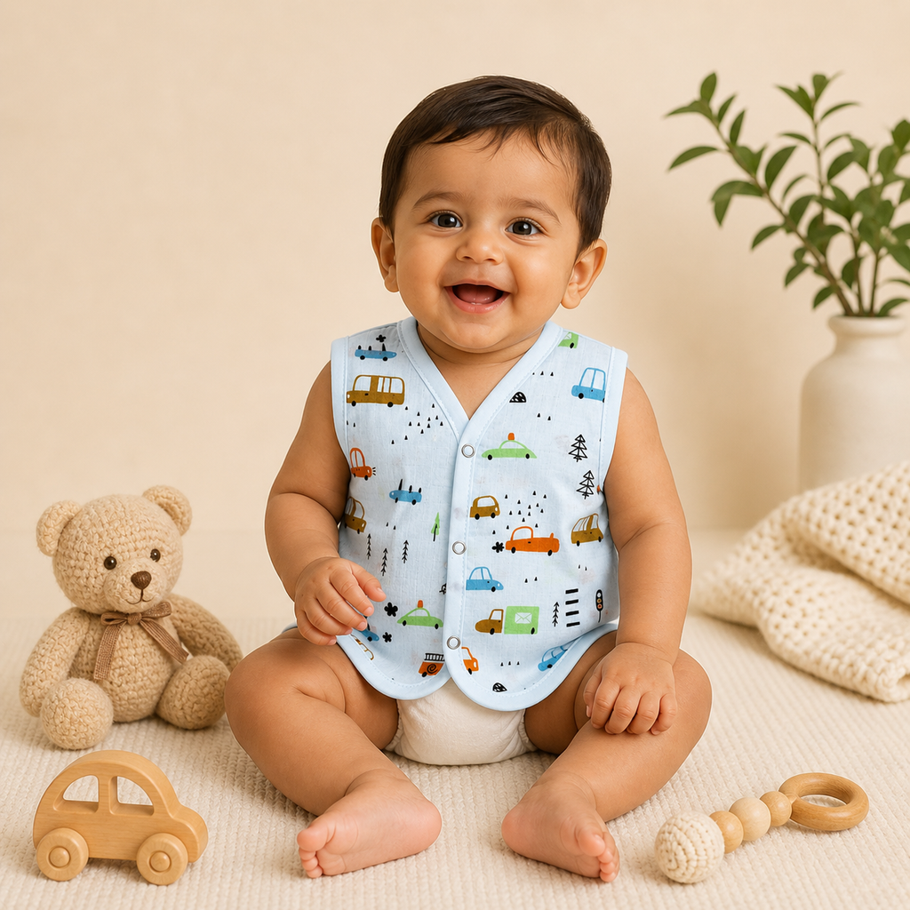 Baby Muslin Jhabla Set of 2 – Soft Cotton Sleeveless Front Open Jabla for Newborn Babies
