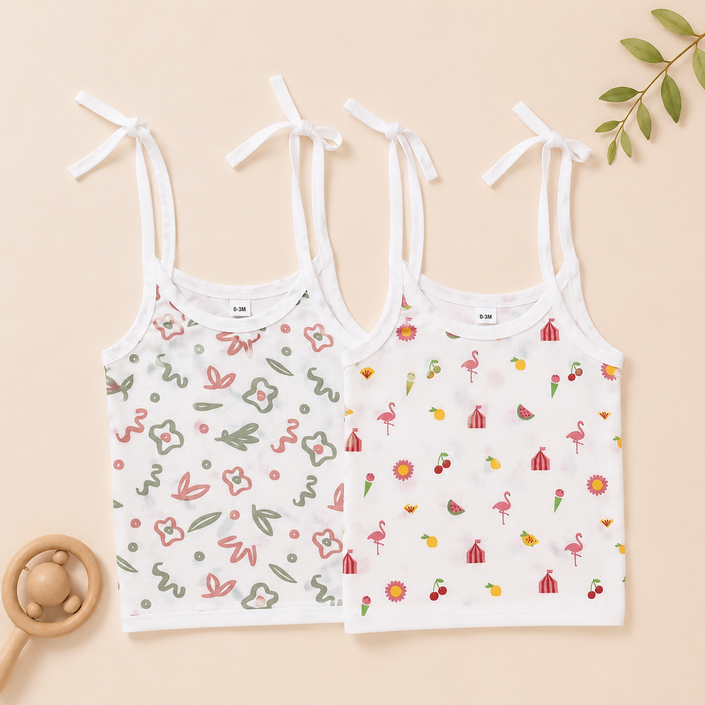 Baby Muslin Knot Jhabla Set of 2 – Soft Cotton Tie-Up Sleeveless Jabla for Newborn Babies