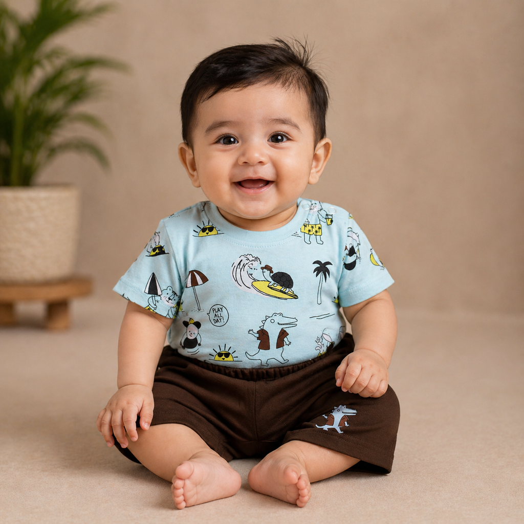 Beach Dino Print Baby Co-ord Set – Soft Cotton Half Sleeve T-shirt & Shorts Set