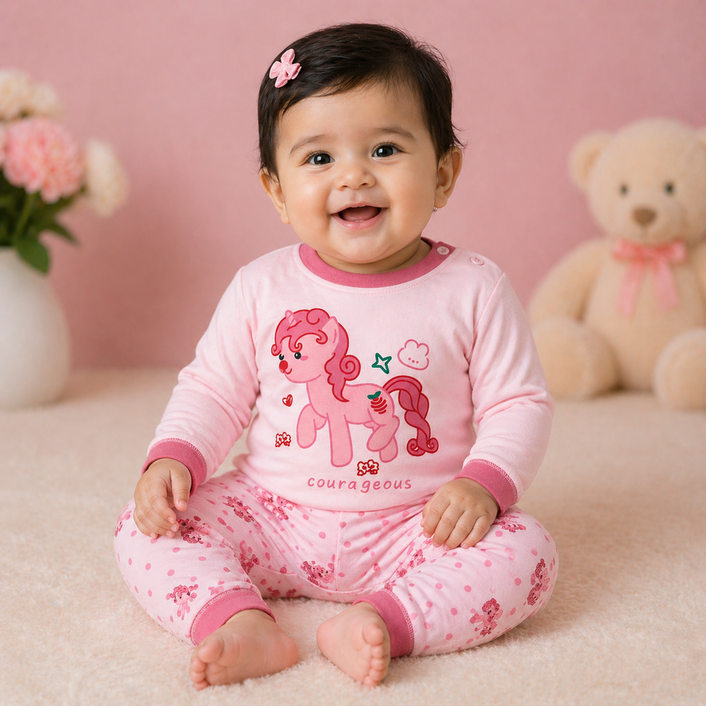 Cute Pony Print Baby Co-ord Set – Soft Cotton Full Sleeve T-shirt & Pyjama Set