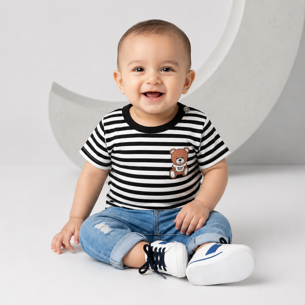 Kids Striped Cotton T-Shirt – Cute Teddy Bear Print Half Sleeve Tee