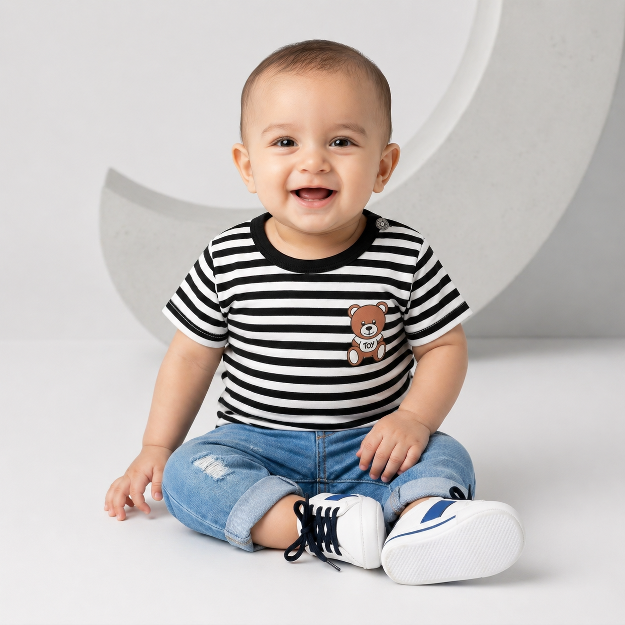 Kids Striped Cotton T-Shirt – Cute Teddy Bear Print Half Sleeve Tee