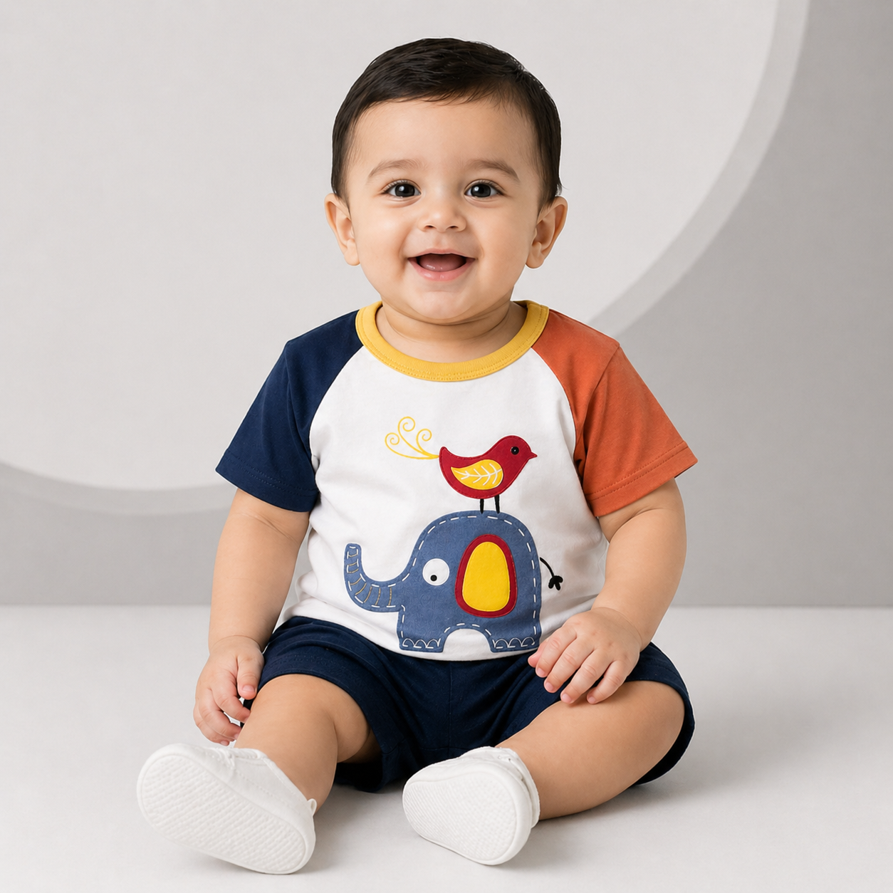 Baby Elephant & Bird Print T-Shirt – Soft Cotton Half Sleeve Tee