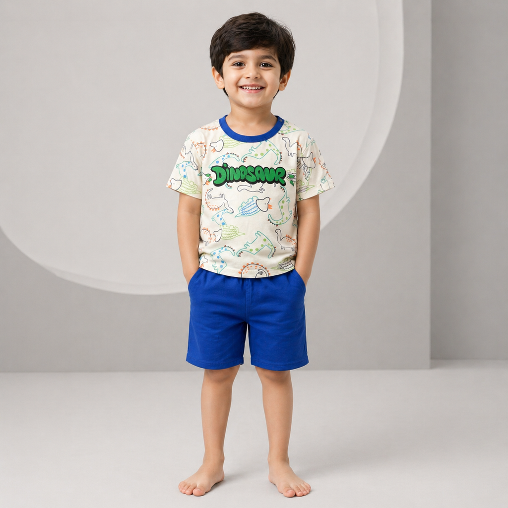 Dinosaur Print Baby Co-ord Set – Soft Cotton Half Sleeve T-shirt & Shorts Set