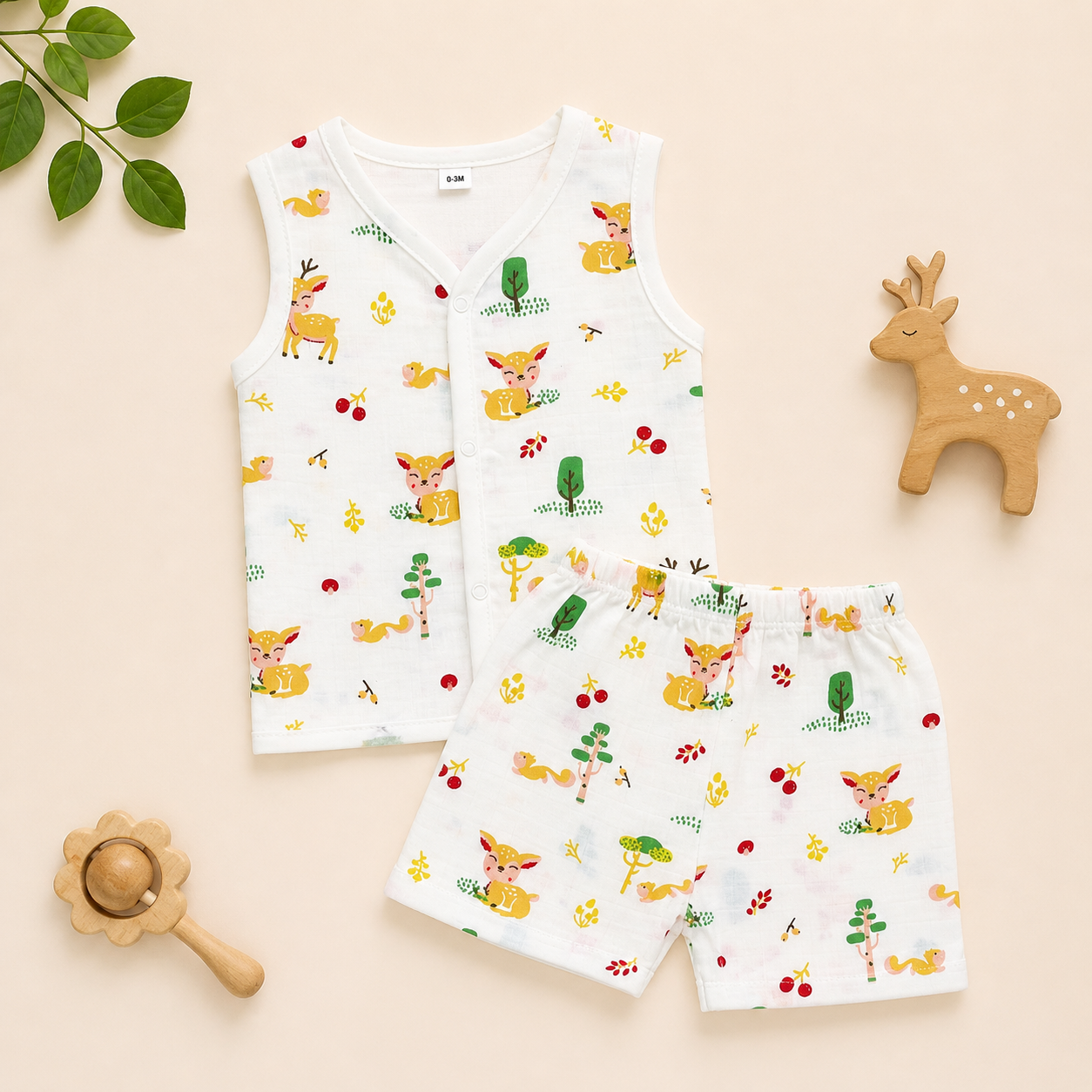 Baby Muslin Co ord Jhabla Set of 2 – Soft Cotton Sleeveless Front Open Jhabla & Shorts Combo