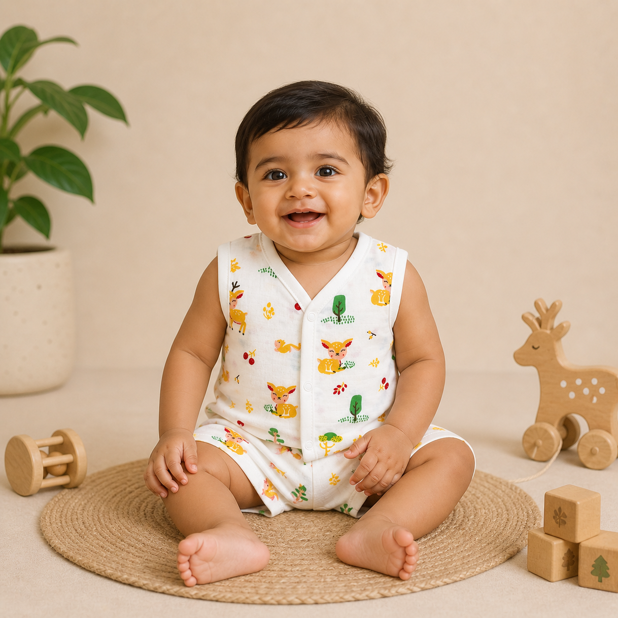 Baby Muslin Co ord Jhabla Set of 2 – Soft Cotton Sleeveless Front Open Jhabla & Shorts Combo