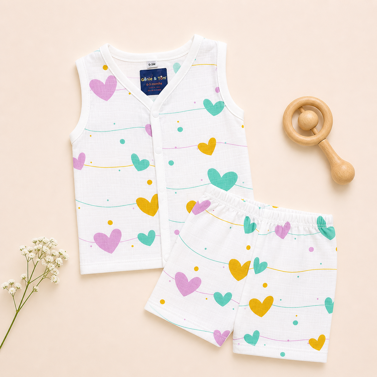 Baby Muslin Co ord Jhabla Set of 3 – Cotton Muslin Sleeveless Jhabla & Shorts Combo