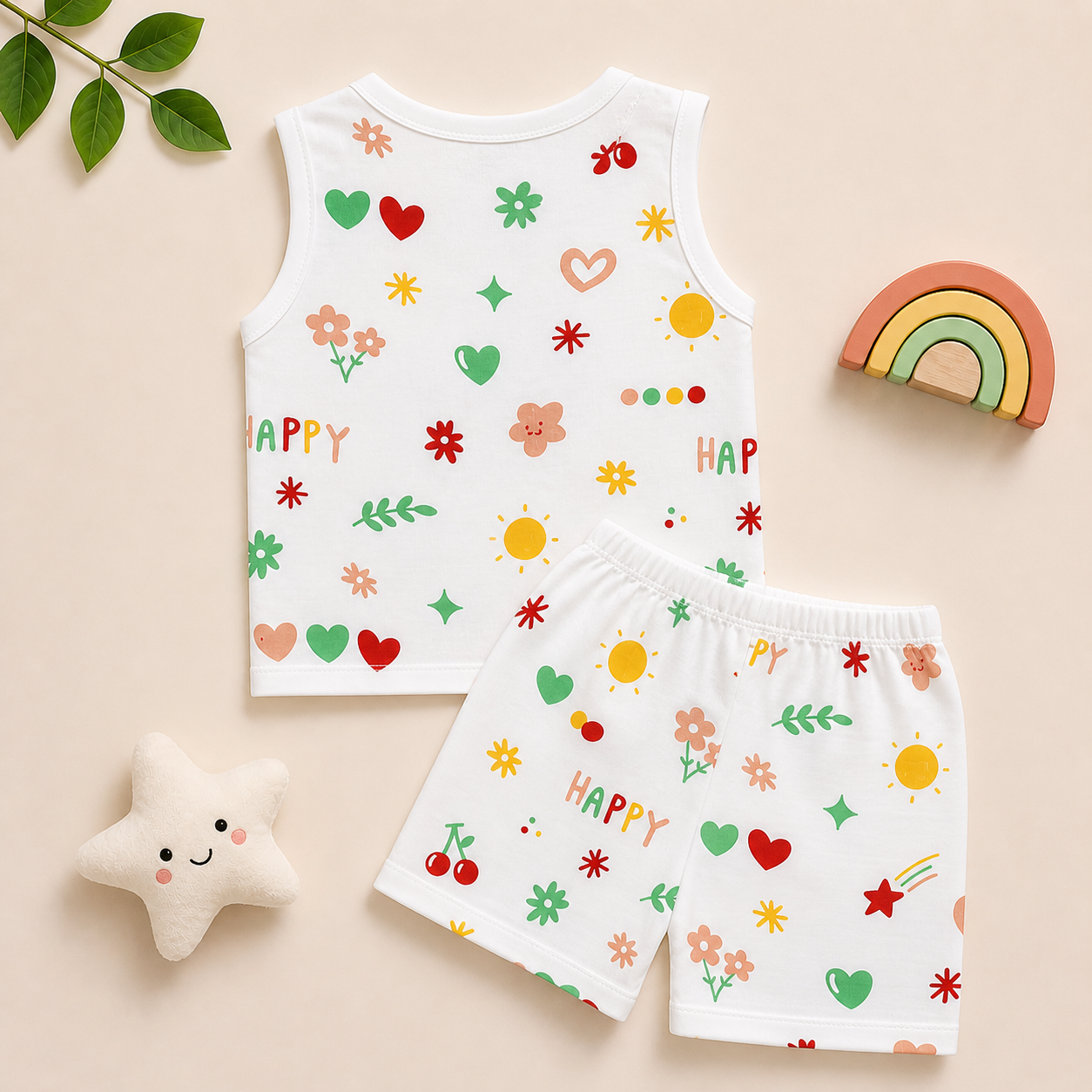 Baby Muslin Co ord Jhabla Set of 2 – Cotton Sleeveless Front Open Jhabla & Shorts Combo