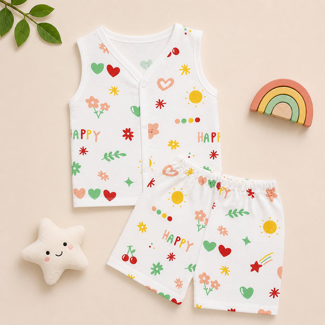 Baby Muslin Co ord Jhabla Set of 2 – Cotton Sleeveless Front Open Jhabla & Shorts Combo