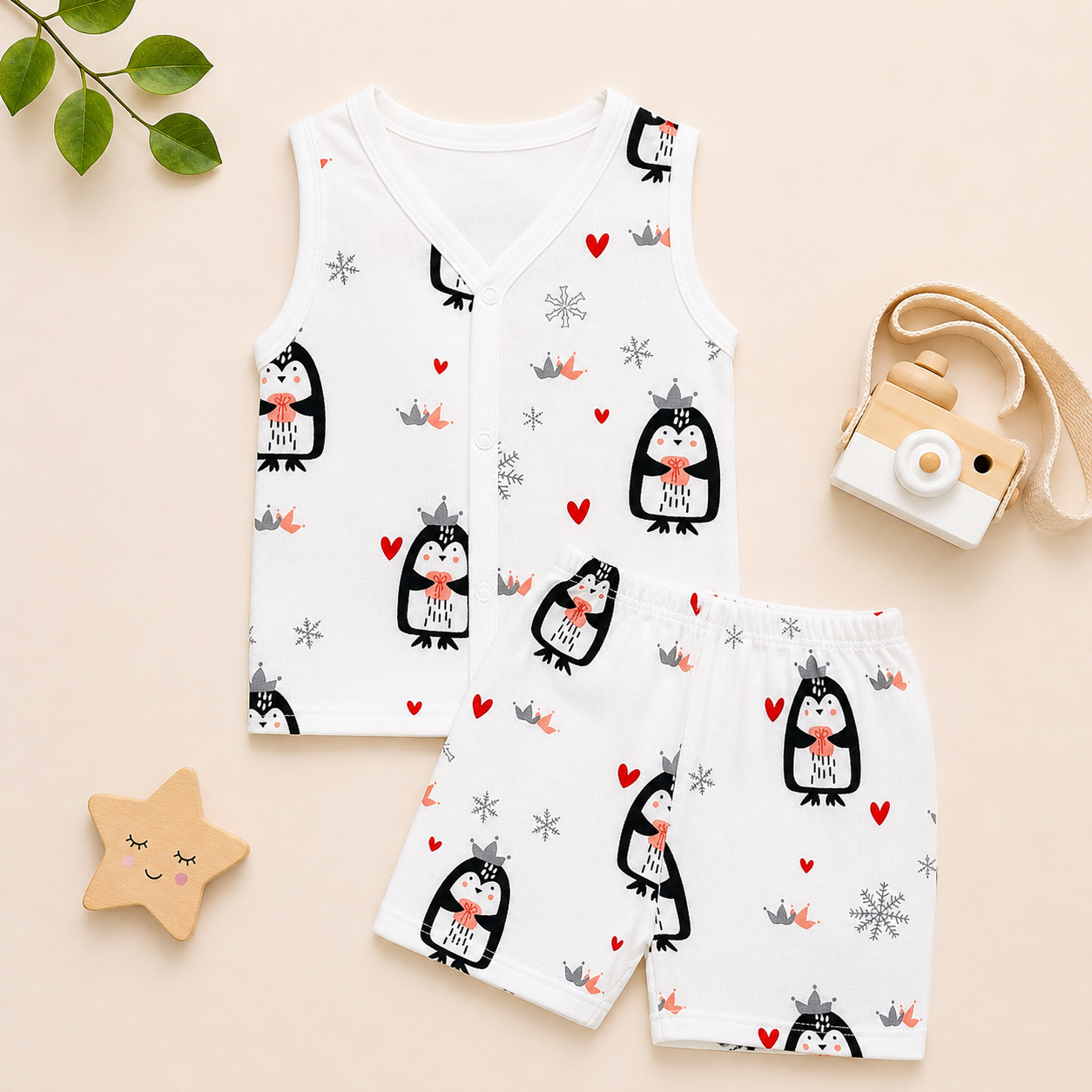 Baby Muslin Co ord Jhabla Set of 2 – Cotton Sleeveless Front Open Jhabla & Shorts Combo