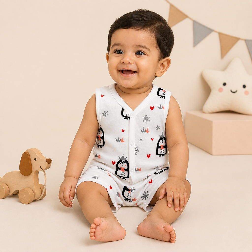Baby Muslin Co ord Jhabla Set of 2 – Cotton Sleeveless Front Open Jhabla & Shorts Combo