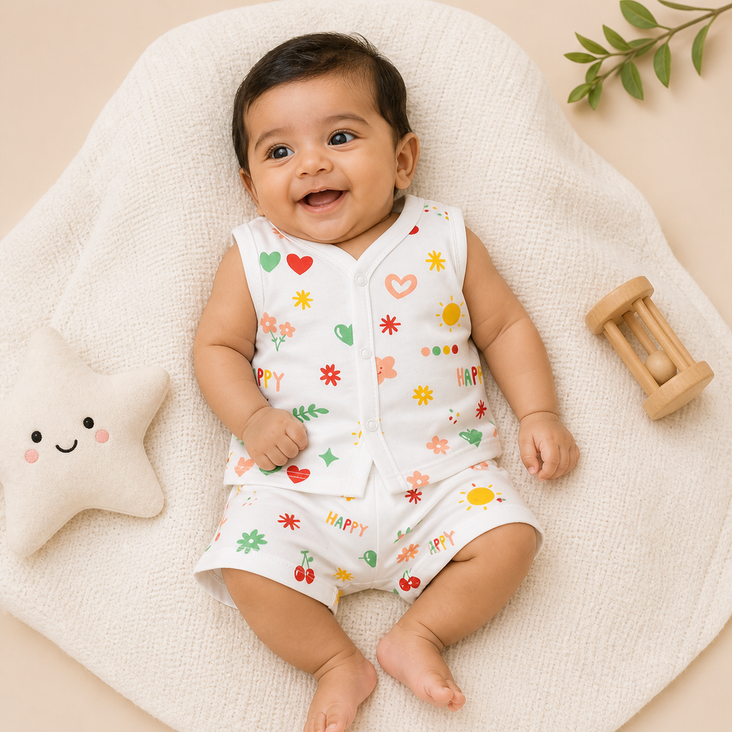 Baby Muslin Co ord Jhabla Set of 2 – Cotton Sleeveless Front Open Jhabla & Shorts Combo