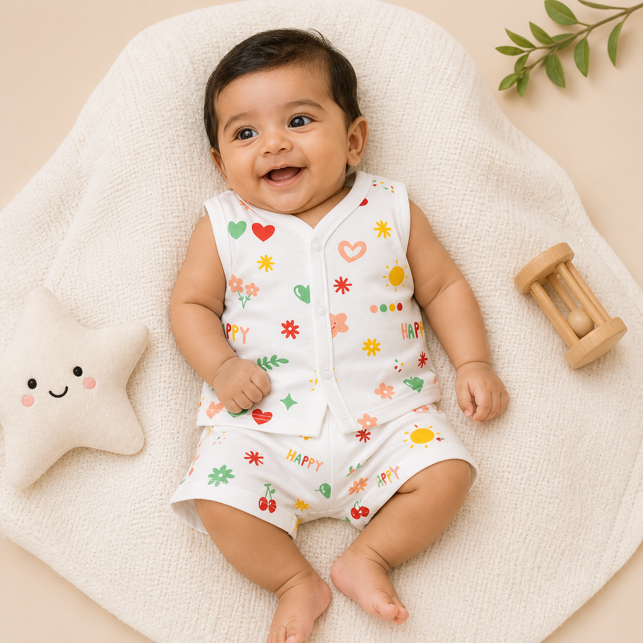 Baby Muslin Co ord Jhabla Set of 2 – Cotton Sleeveless Front Open Jhabla & Shorts Combo