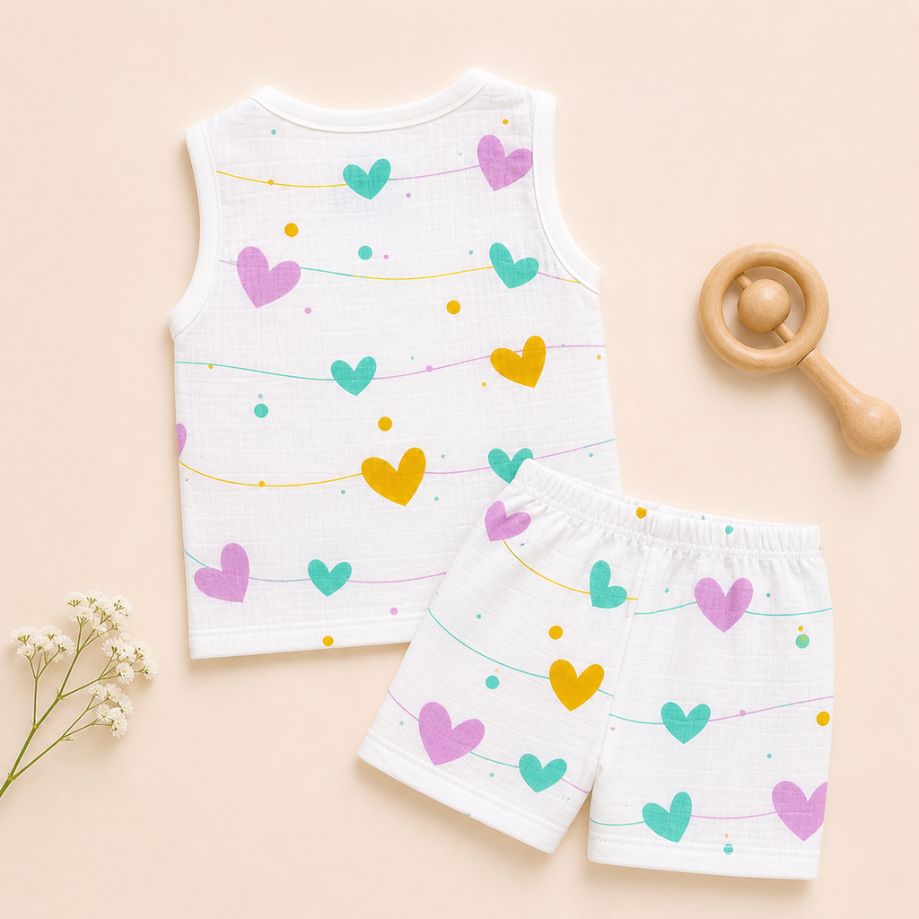 Baby Muslin Co ord Jhabla Set of 3 – Cotton Muslin Sleeveless Jhabla & Shorts Combo