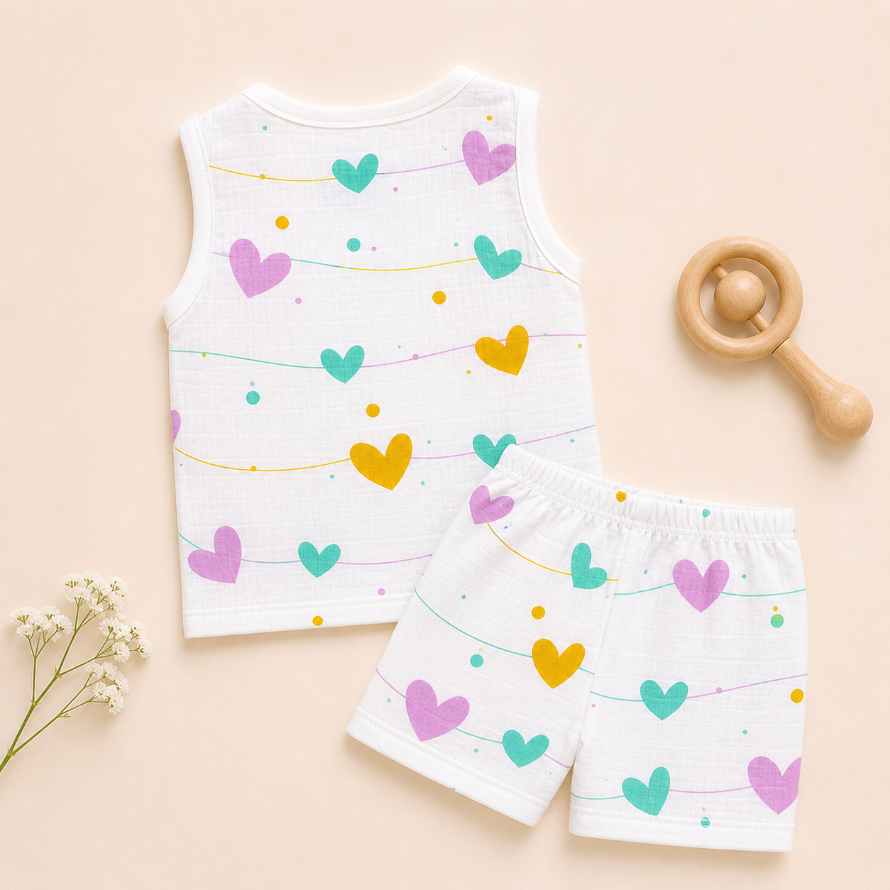 Baby Muslin Co ord Jhabla Set of 2 – Soft Cotton Sleeveless Front Open Jhabla & Shorts Combo