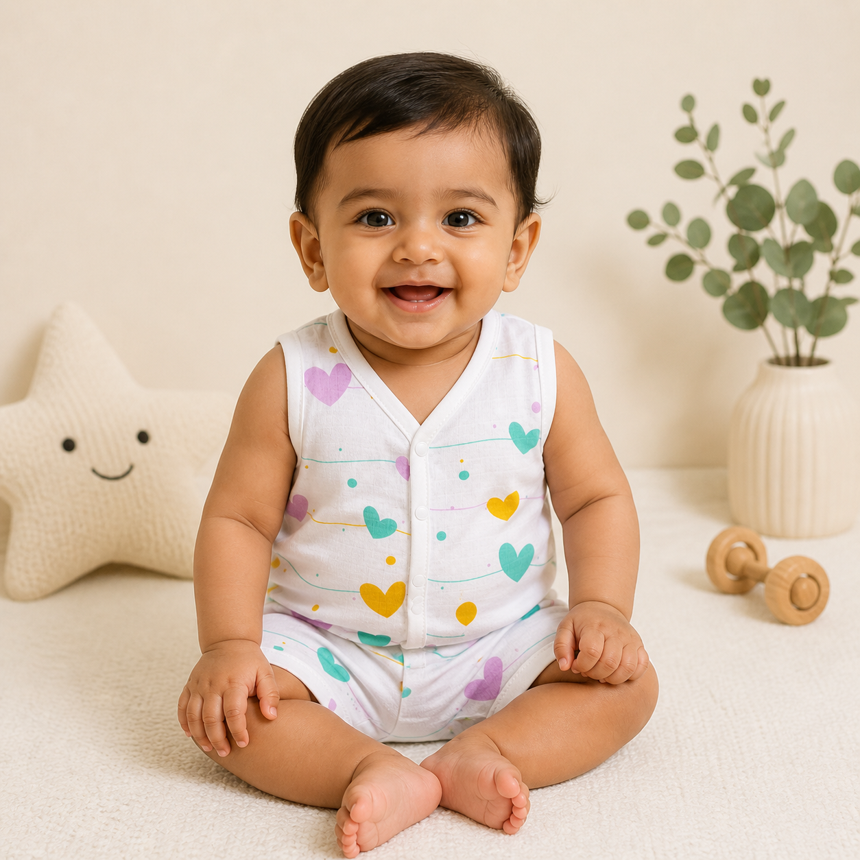 Baby Muslin Co ord Jhabla Set of 2 – Soft Cotton Sleeveless Front Open Jhabla & Shorts Combo