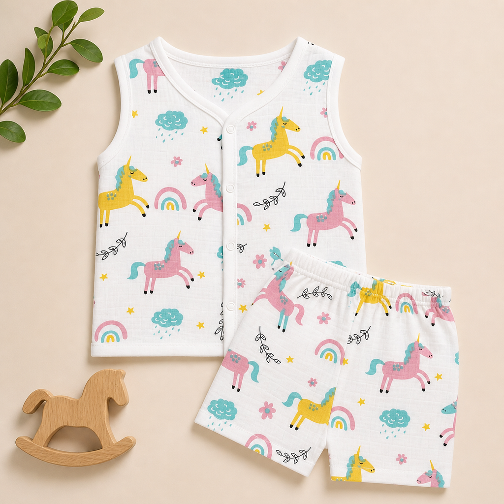 Baby Muslin Co ord Jhabla Set of 3 – Cotton Muslin Sleeveless Jhabla & Shorts Combo