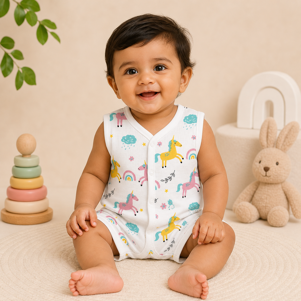 Baby Muslin Co ord Jhabla Set of 3 – Cotton Muslin Sleeveless Jhabla & Shorts Combo