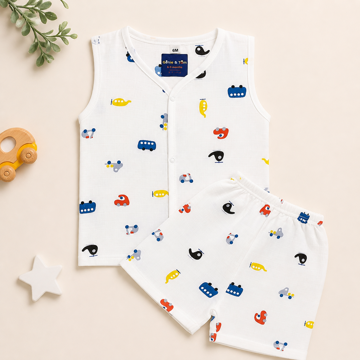 Baby Muslin Co ord Jhabla Set of 3 – Cotton Muslin Sleeveless Jhabla & Shorts Combo