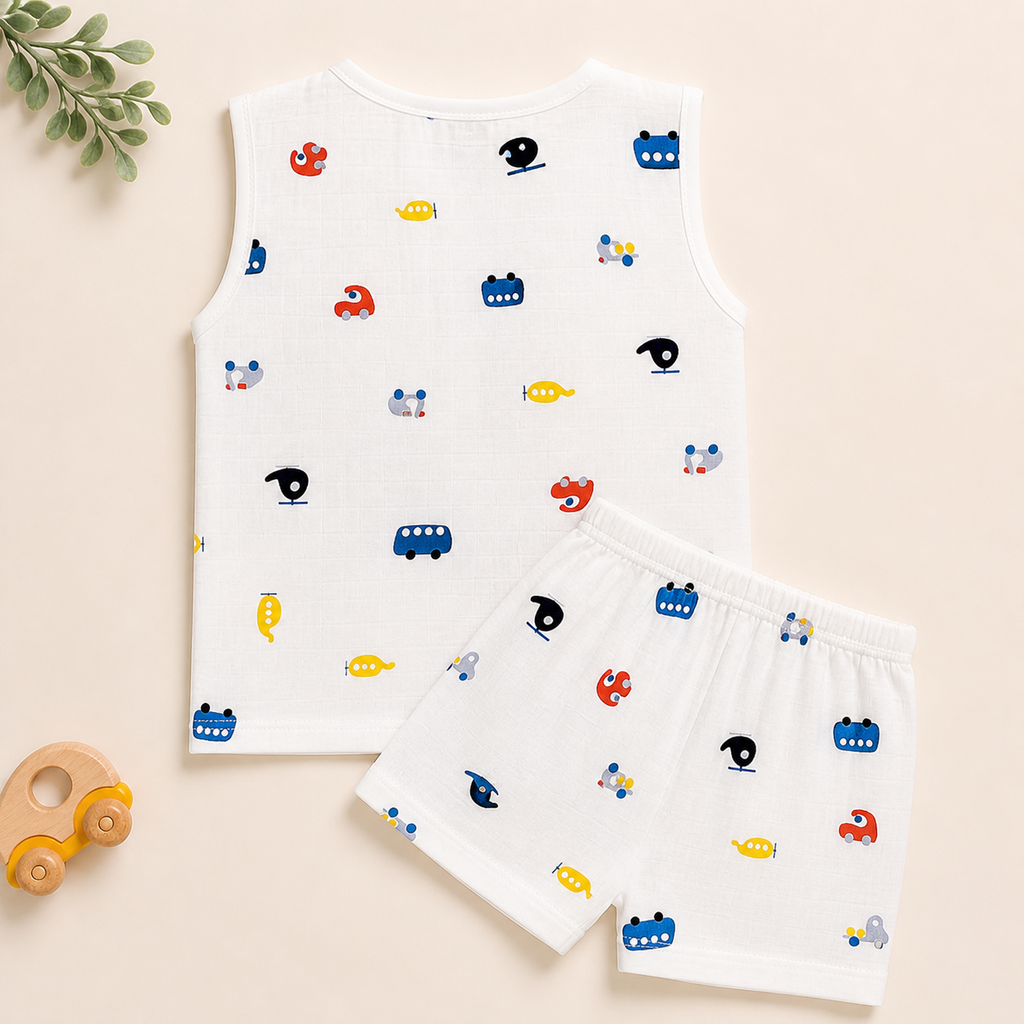 Baby Muslin Co ord Jhabla Set of 3 – Cotton Muslin Sleeveless Jhabla & Shorts Combo