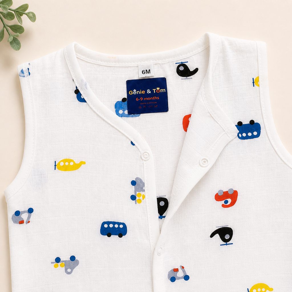 Baby Muslin Co ord Jhabla Set of 3 – Cotton Muslin Sleeveless Jhabla & Shorts Combo
