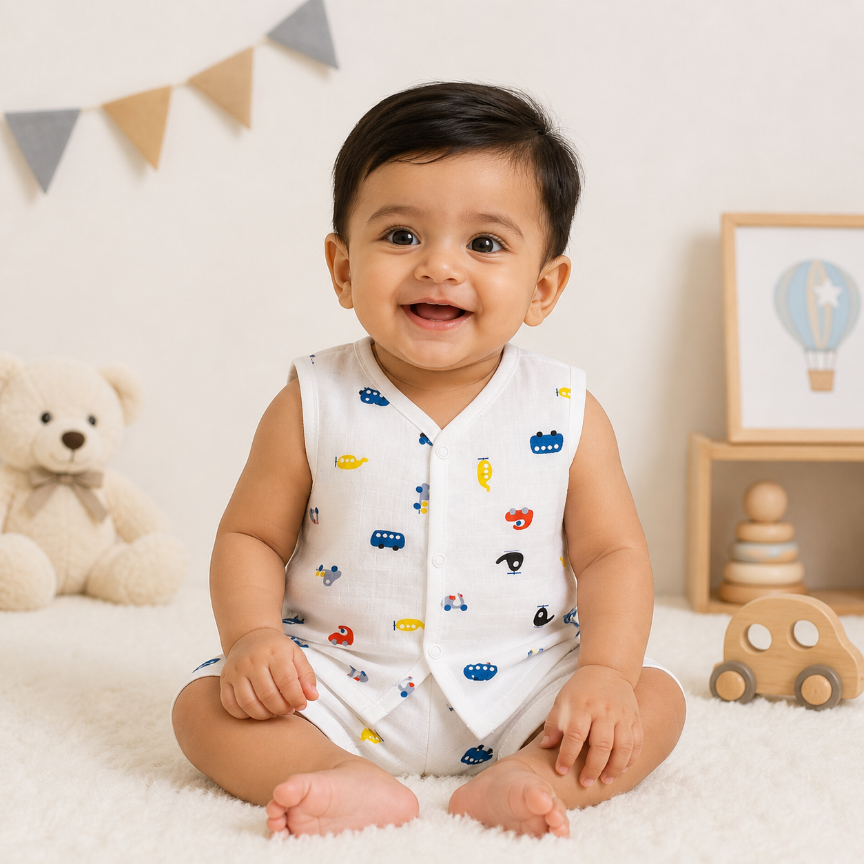 Baby Muslin Co ord Jhabla Set of 3 – Cotton Muslin Sleeveless Jhabla & Shorts Combo