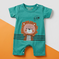 Teal baby romper with lion design on a white and orange background