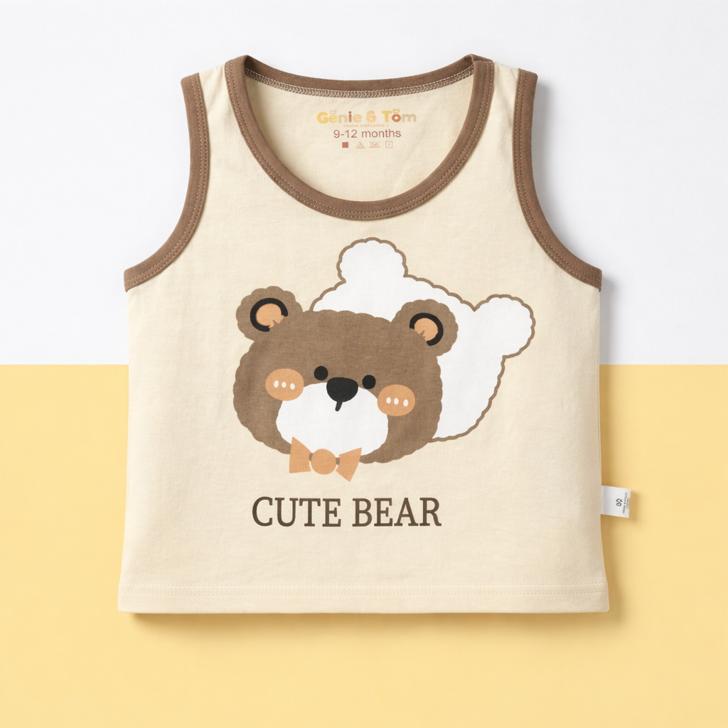 Cute Bear Baby Co-ord Set – Soft Cotton Sleeveless Top & Pajama Set