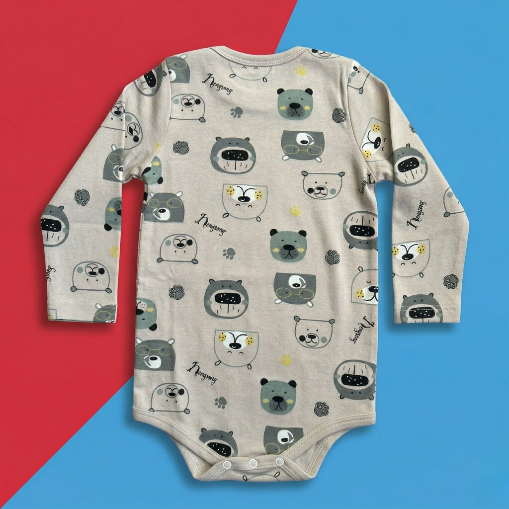 Bear Print Baby Onesie – Soft Cotton Full Sleeve Bodysuit (Grey)