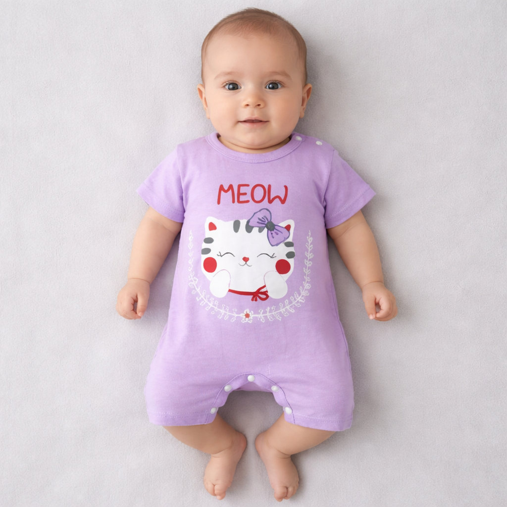 Cat Print Baby Romper – Soft Cotton Short Sleeve Jumpsuit (Meow Design, Purple)