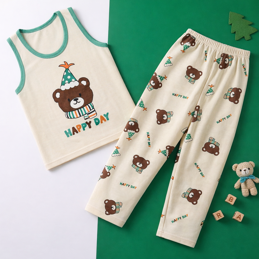 Happy Day Bear Baby Co-ord Set – Soft Cotton Sleeveless Top & Pajama Set