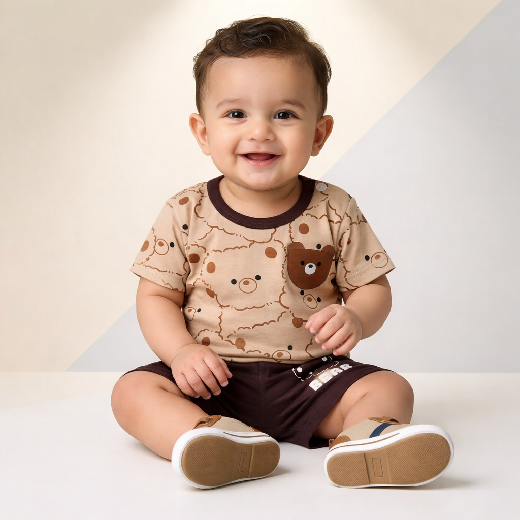 Bear Print Baby Co-ord Set – Soft Cotton Half Sleeve T-shirt & Shorts Set