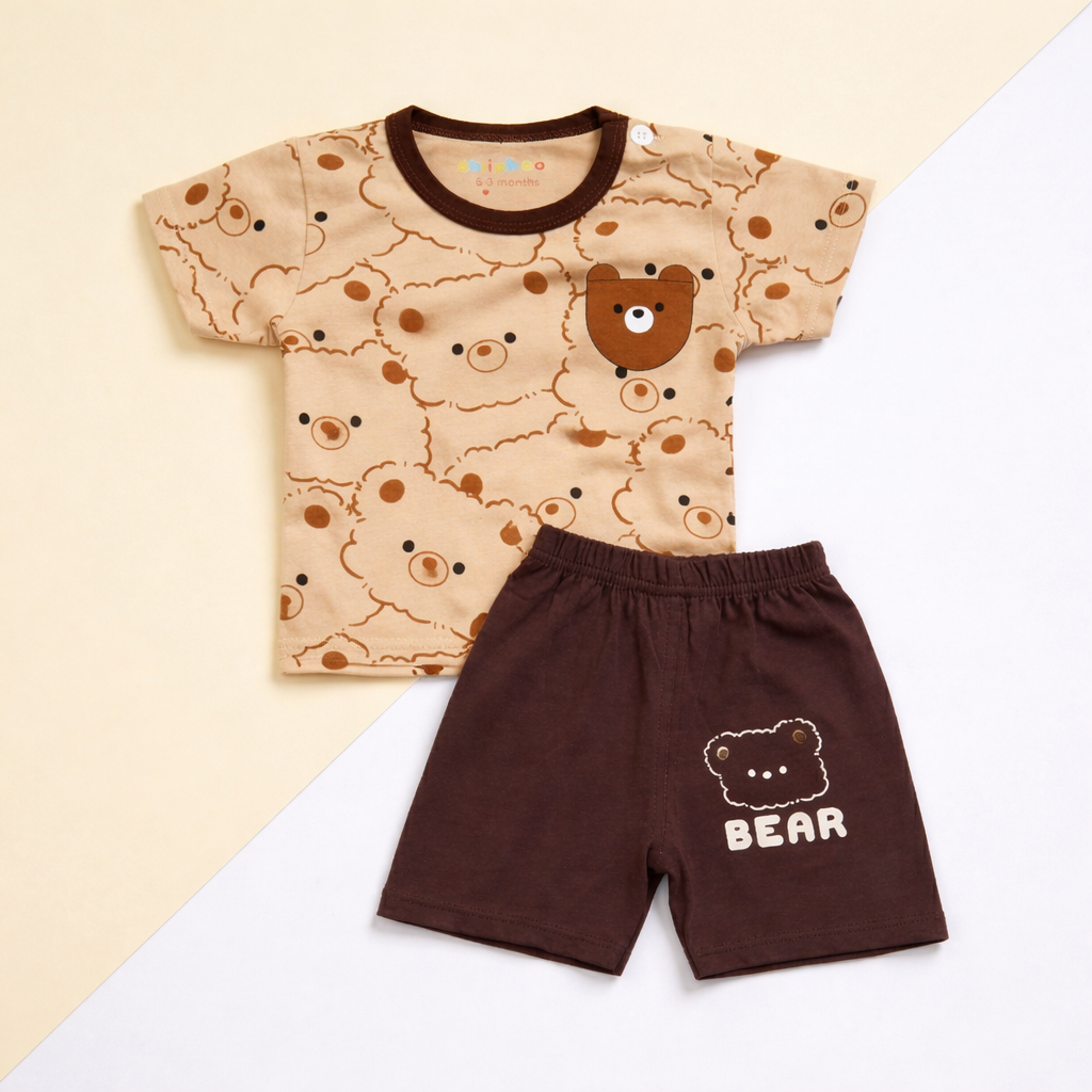 Bear Print Baby Co-ord Set – Soft Cotton Half Sleeve T-shirt & Shorts Set