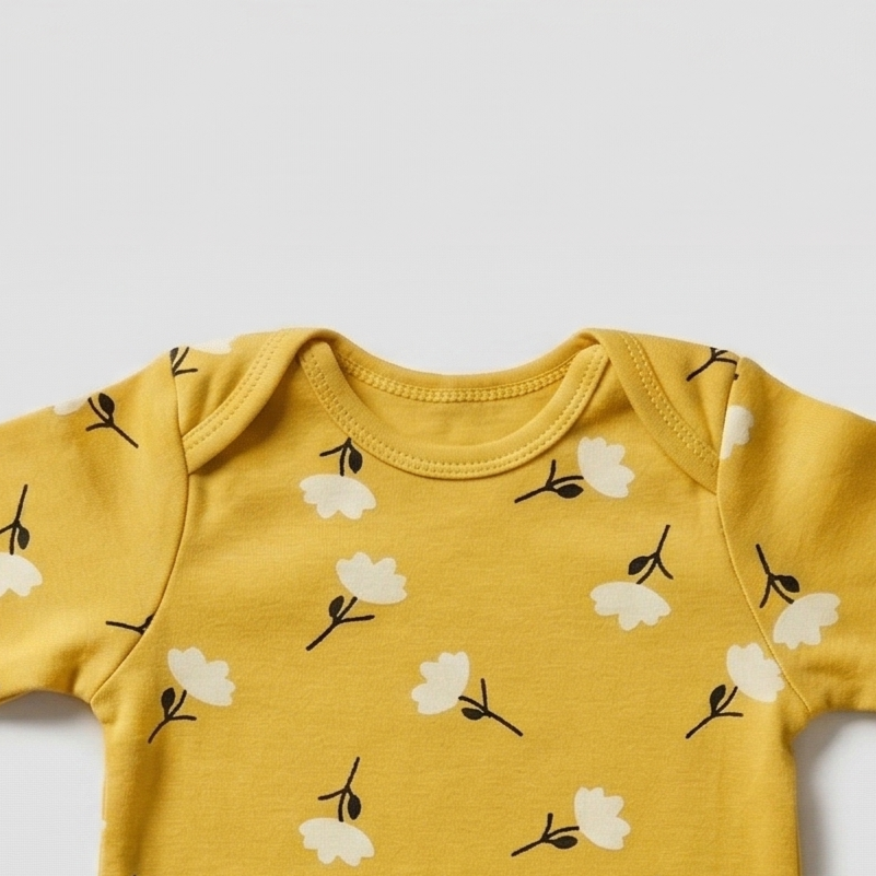 Floral Print Baby Onesie – Soft Cotton Full Sleeve Bodysuit (Yellow)